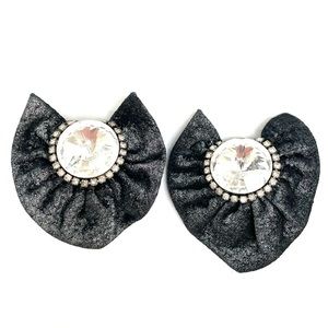 Vintage 1980’s Black And Silver Handmade Leather And Crystal Clip Earrings